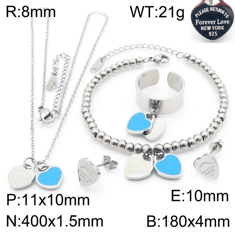 Gold Heart Charm Jewelry Set with Green Enamel Pendant