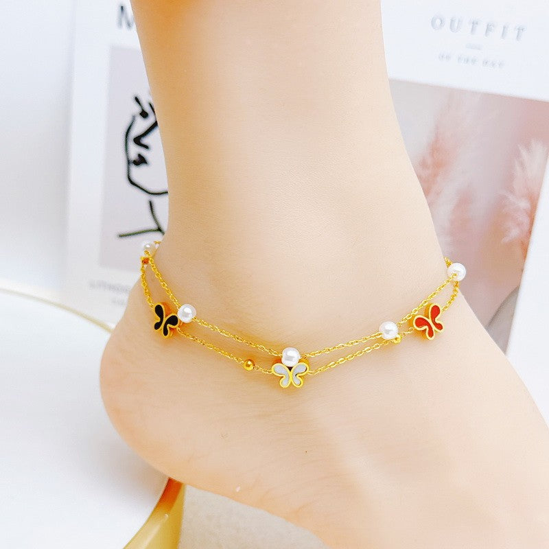 Stylish and simple stainless steel inlaid zircon pearl butterfly double-layer stacked foot jewelry, high-grade bare anklet, versatile lucky