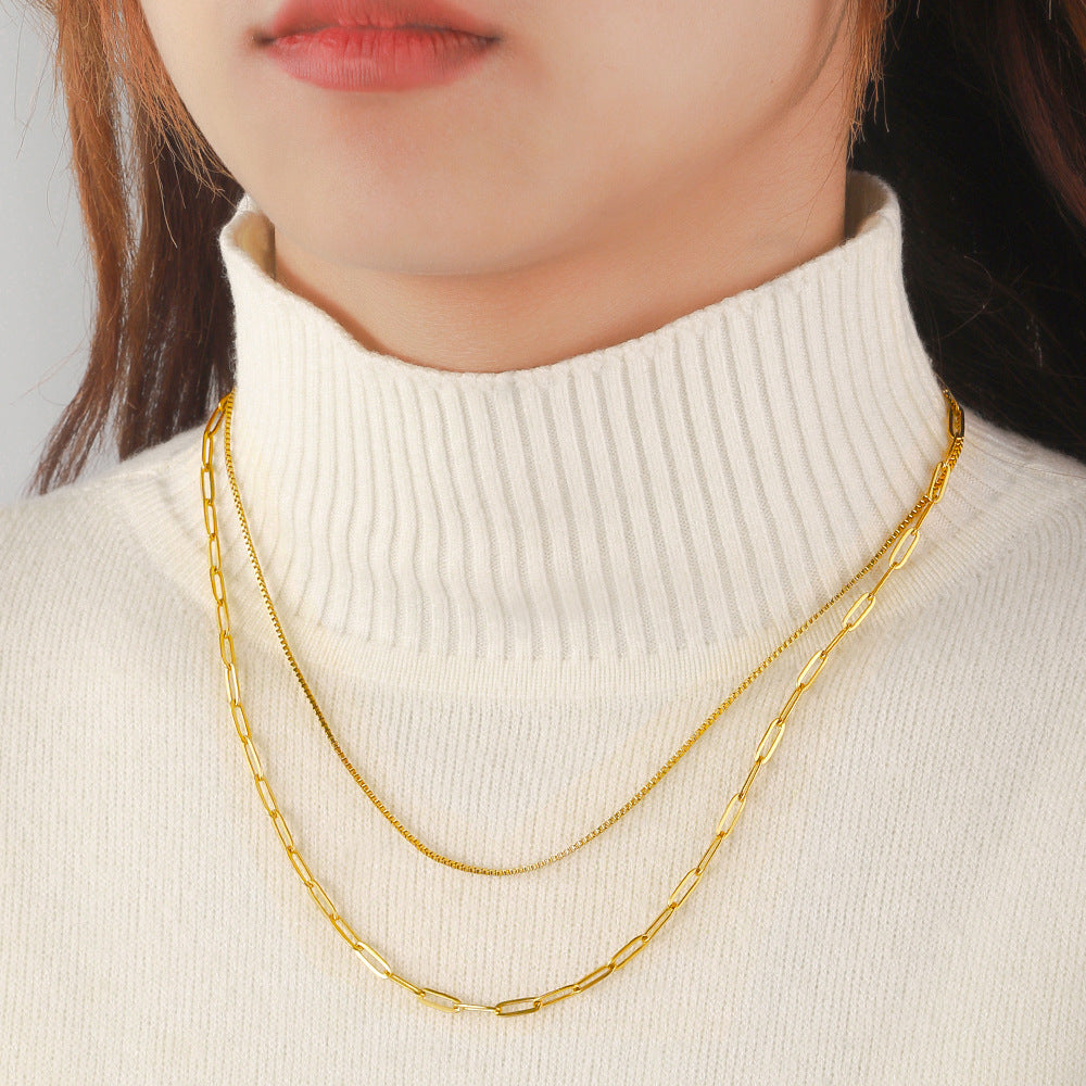 European and American cross-border stainless steel double-layer stacked necklace paperclip chain necklace box chain collarbone chain titanium steel necklace