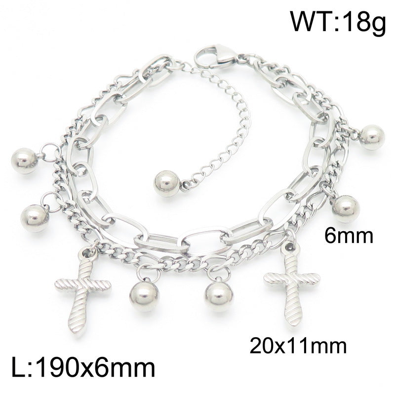 Simple and versatile ins wind double-layer stacked chain cross pendant stainless steel bracelet titanium steel jewelry