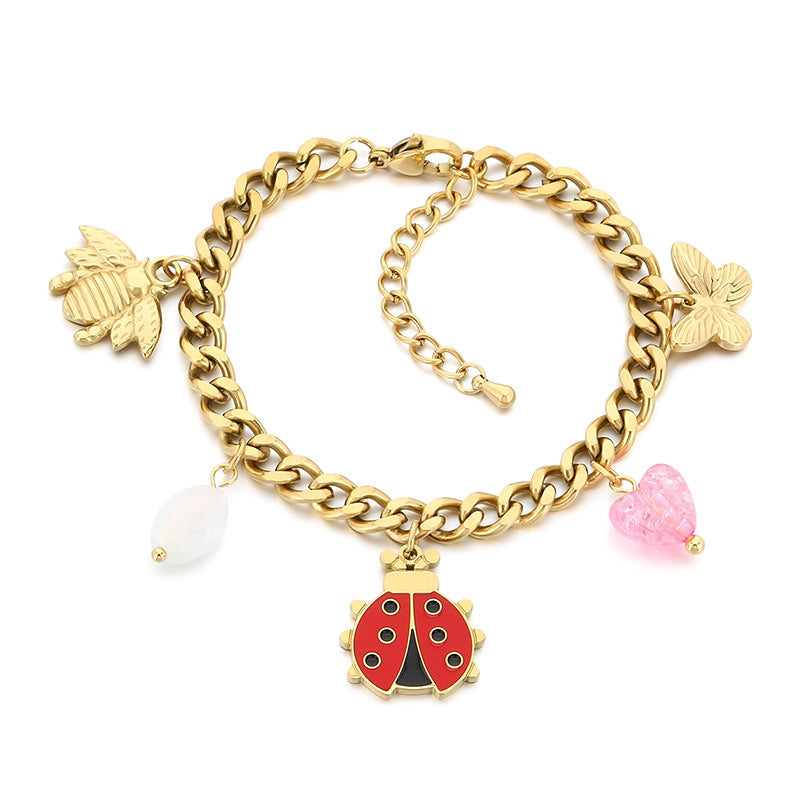 New fashion cartoon stainless steel pastoral style drip oil insect bee ladybug pendant bracelet chain accessories