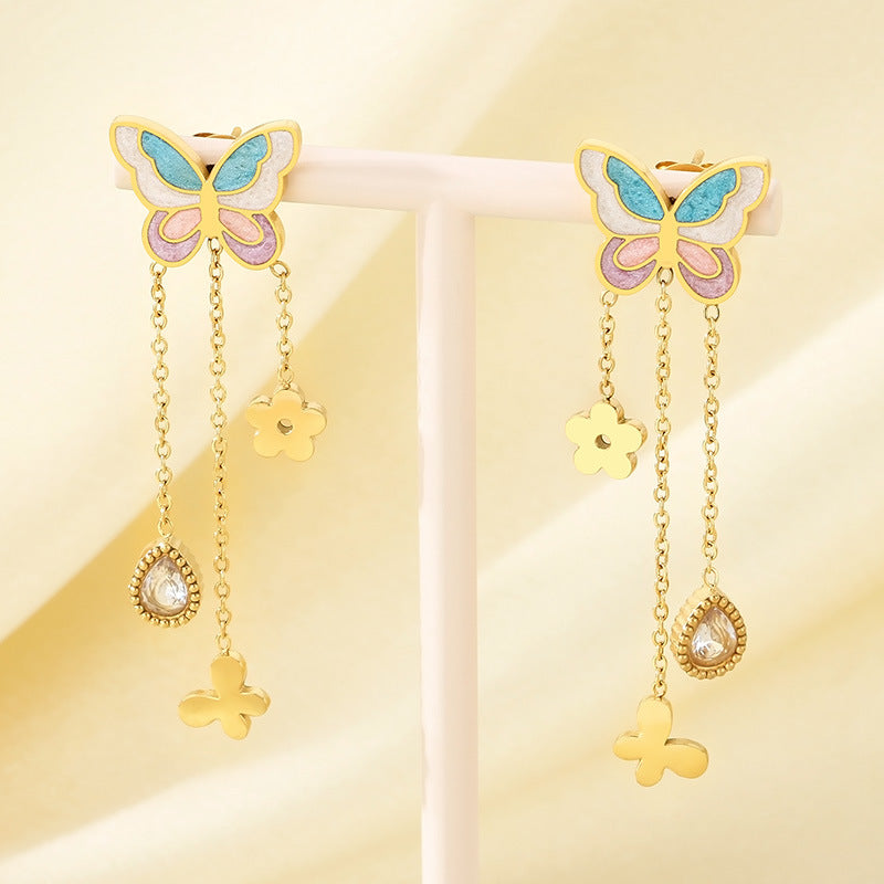 Korean fashion cartoon stainless steel gradient oil drip butterfly tassel chain water drop flower butterfly earrings earrings