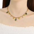 Gold Charm Chain Necklace with Green Enamel Drops