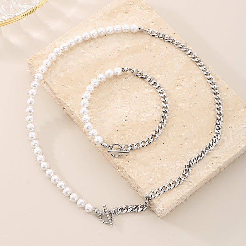Pearl & Chain Toggle Necklace and Bracelet Set