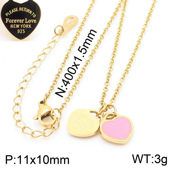 Gold Heart Charm Jewelry Set with Green Enamel Pendant