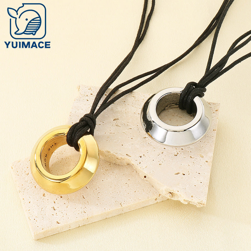 Cross-border retro hollow stainless steel ring pendant leather rope neck chain adjustable length necklace unisex necklace