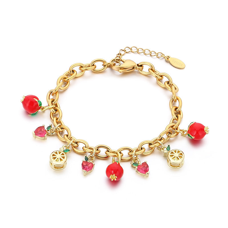 Cross-border fresh pastoral fruit series zircon strawberry durian cherry apple pendant stainless steel chain bracelet