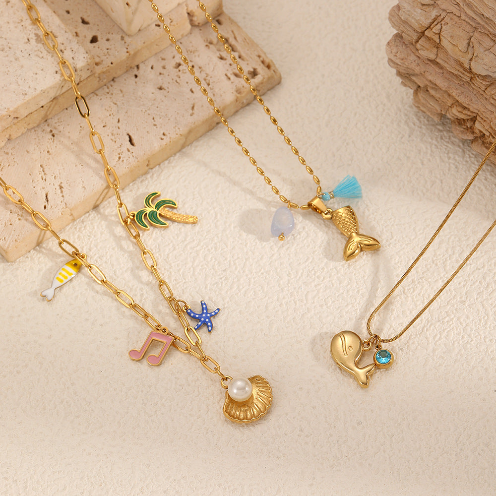 Cross-border European and American marine elements stainless steel necklace women's versatile high-end dripping oil 18k dolphin shell sweater chain