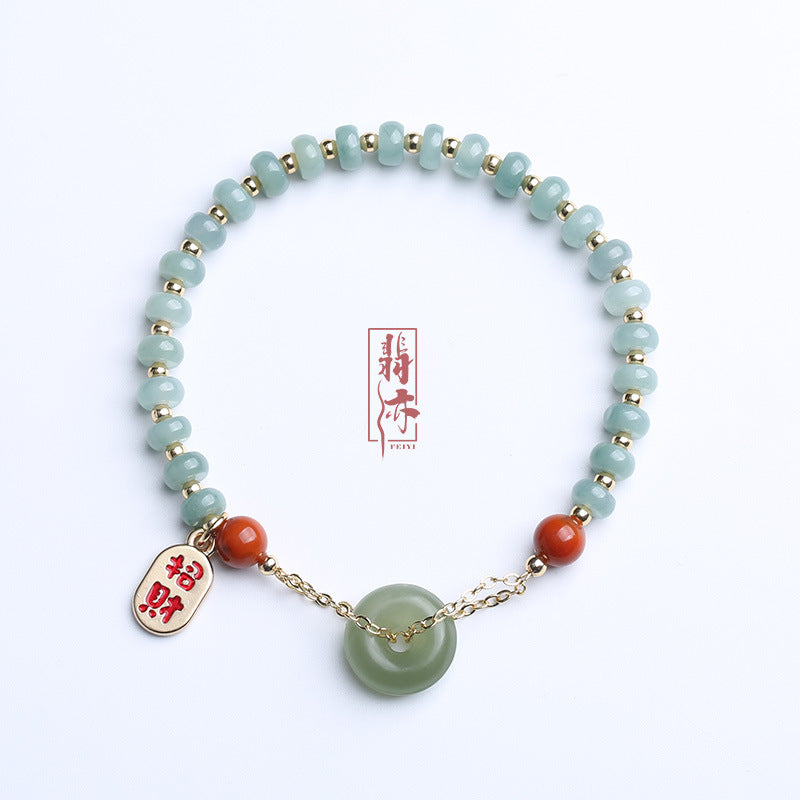 天然翡翠算盘珠福运手链女 和田玉平安扣搭南红玛瑙配饰
