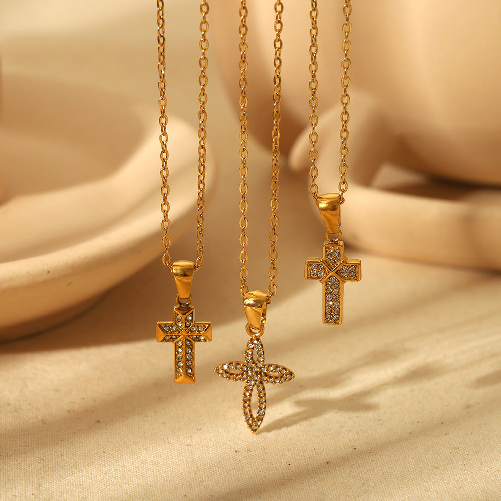 Cross-border new full diamond cross necklace European and American fashion temperament versatile stainless steel necklace collarbone chain jewelry