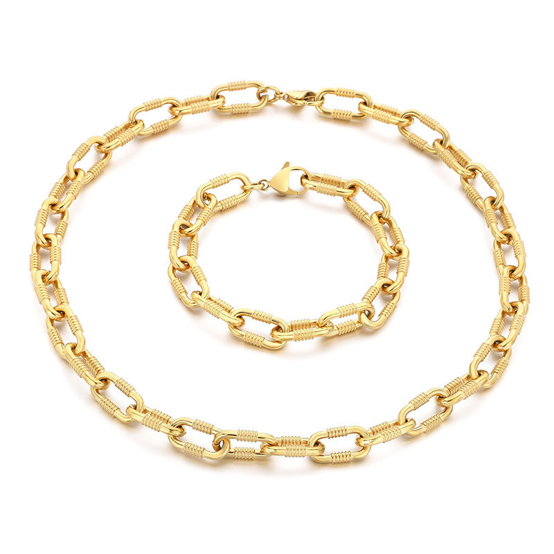 Cross-border cold wind stainless steel threaded bracelet necklace personalized Cuban thick buckle ring unisex jewelry two-piece set