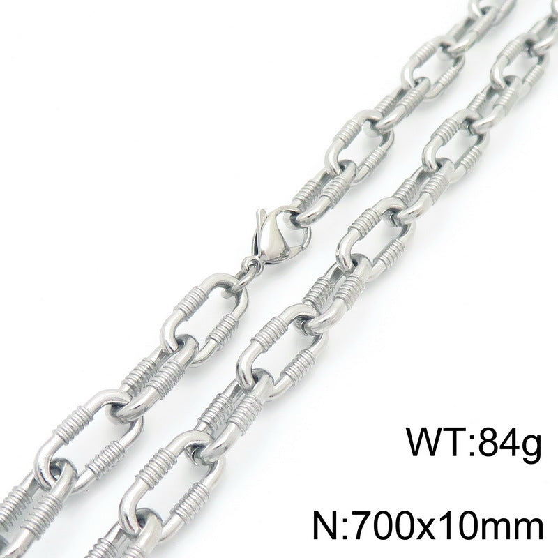 Cross-border cold wind stainless steel threaded bracelet necklace personalized Cuban thick buckle ring unisex jewelry two-piece set