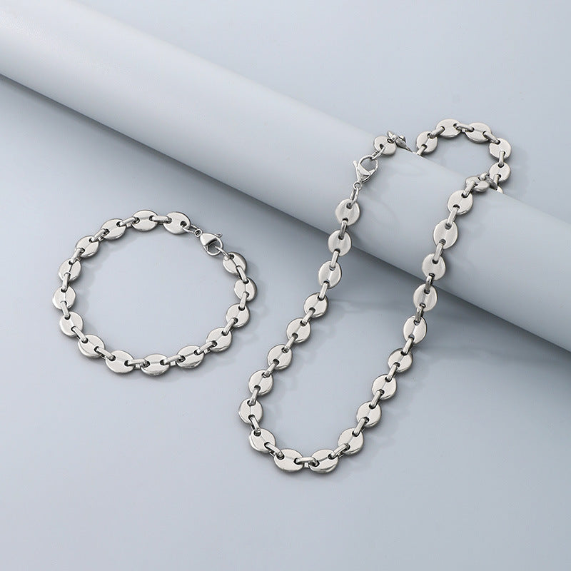 Simple high-end stainless steel pig nose coffee bean bracelet necklace chain vacuum 18k gold pig nose chain set