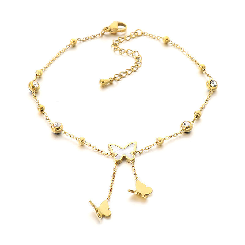 Stylish and simple stainless steel inlaid zircon pearl butterfly double-layer stacked foot jewelry, high-grade bare anklet, versatile lucky