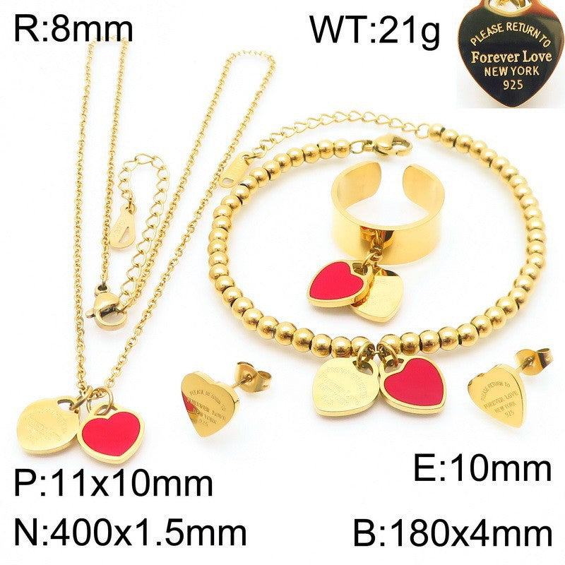 Gold Heart Charm Jewelry Set with Green Enamel Pendant
