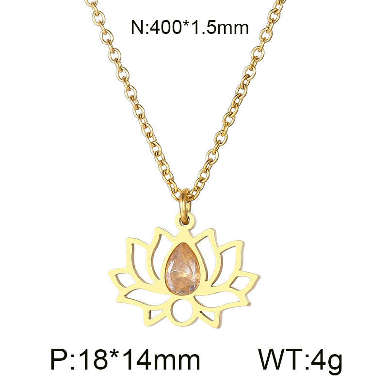 Cross-border new stainless steel zircon lotus set, creative hollow flower water drop stone pendant jewelry three-piece set