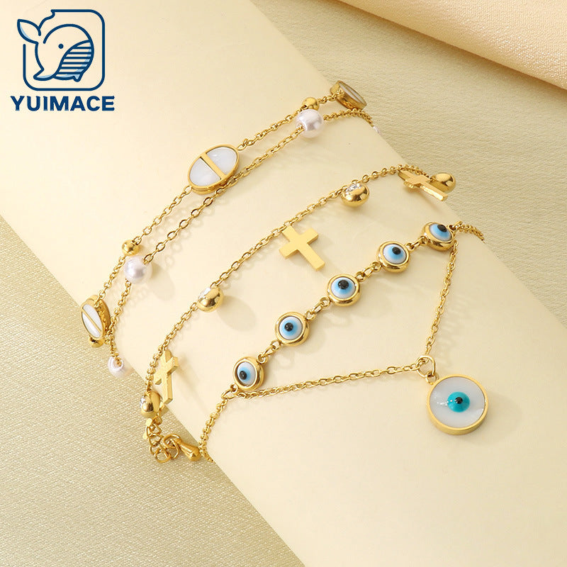 Cross-border stainless steel devil's eye cross anklet ins wind 18k gold foot pendant premium bare anklet jewelry