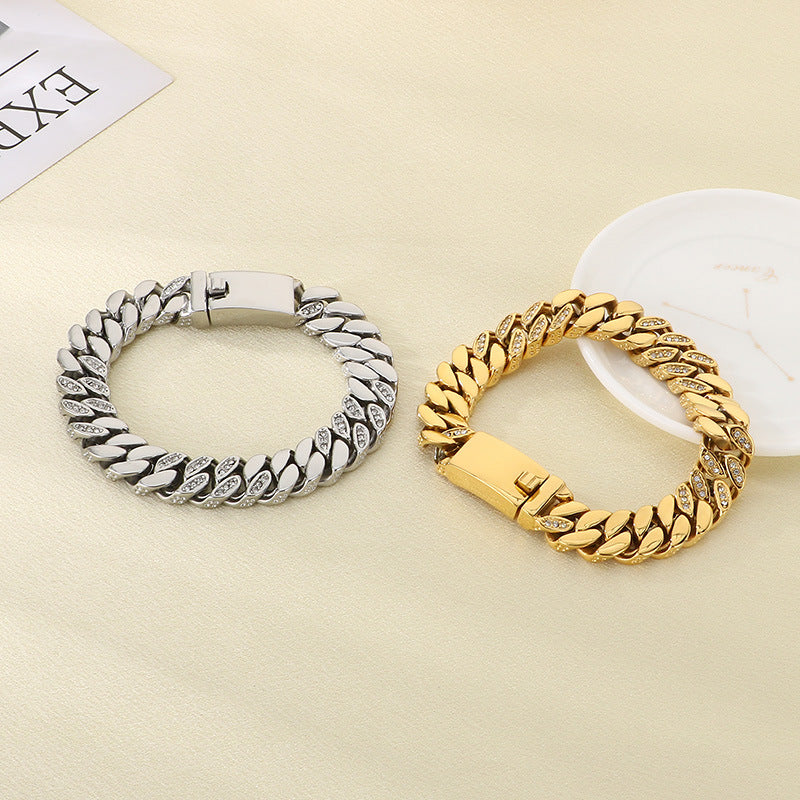 Fashion Trend Creative Design Diamond-encrusted Stainless Steel Cuban Chain Bracelet Vacuum Plated 18k Gold Couple Bracelet