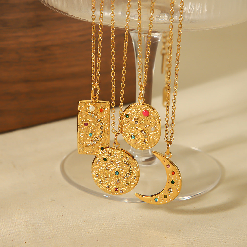 Cross-border hot-selling titanium steel non-fading high-end necklace 18k geometric sun and moon diamond-set stars personalized fashion pendant