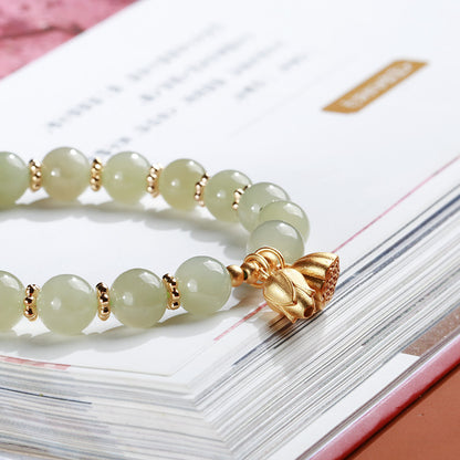 天然8MM和田玉圆珠单圈手链S925银镀金隔片两世欢手串