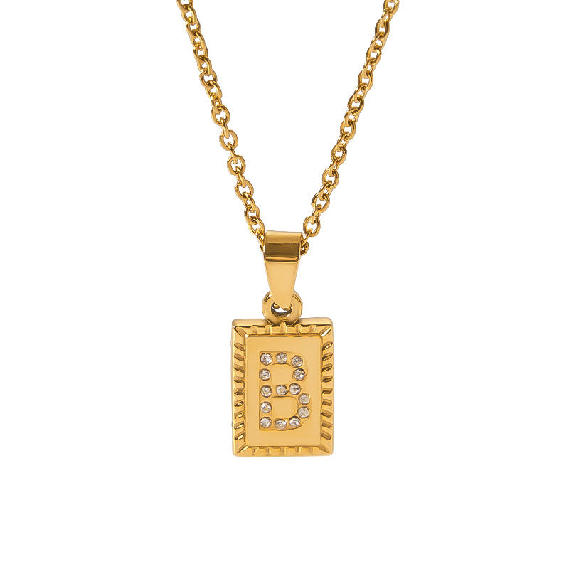 European and American cross-border high-end letter square pendant 18k gold inlaid zirconium letter pendant stainless steel necklace pendant female