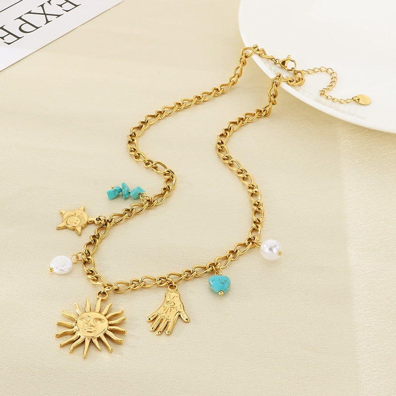 Cross-border European and American stainless steel necklace face sun star moon pendant thick chain retro 18K gold necklace women