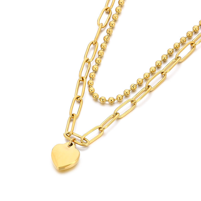 Cold wind personality double-layer stainless steel love necklace temperament versatile peach heart pearl stainless steel collarbone chain