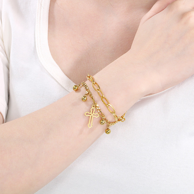 Simple and versatile ins wind double-layer stacked chain cross pendant stainless steel bracelet titanium steel jewelry