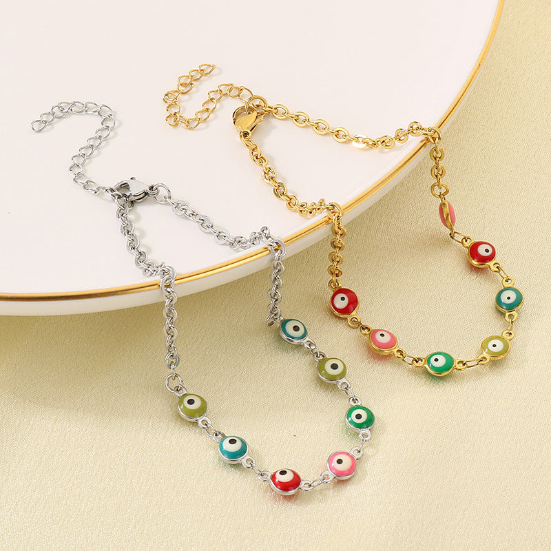 European and American fashion bohemian color resin devil's eye stainless steel anklet women's 18K titanium steel oval bracelet