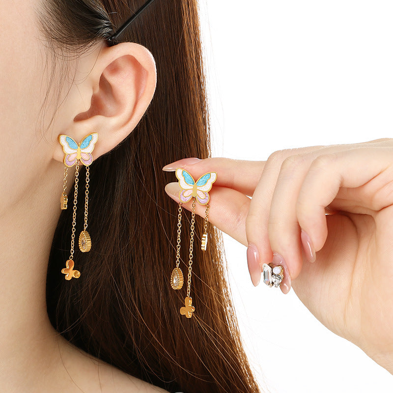 Korean fashion cartoon stainless steel gradient oil drip butterfly tassel chain water drop flower butterfly earrings earrings