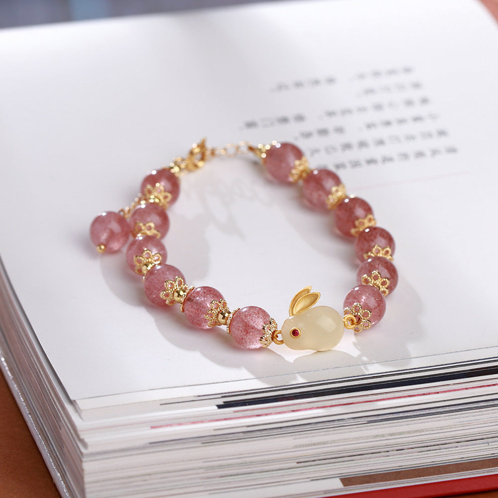 天然8MM草莓晶玉兔手链女桃花朵朵开小兔子本命年生肖水晶手链