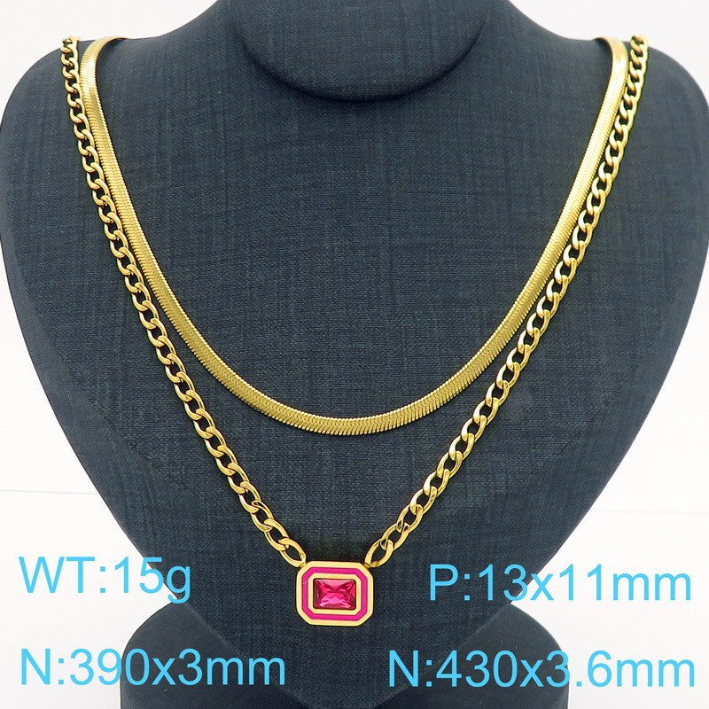 Gold Layered Chain Necklace with Square Gem Pendant