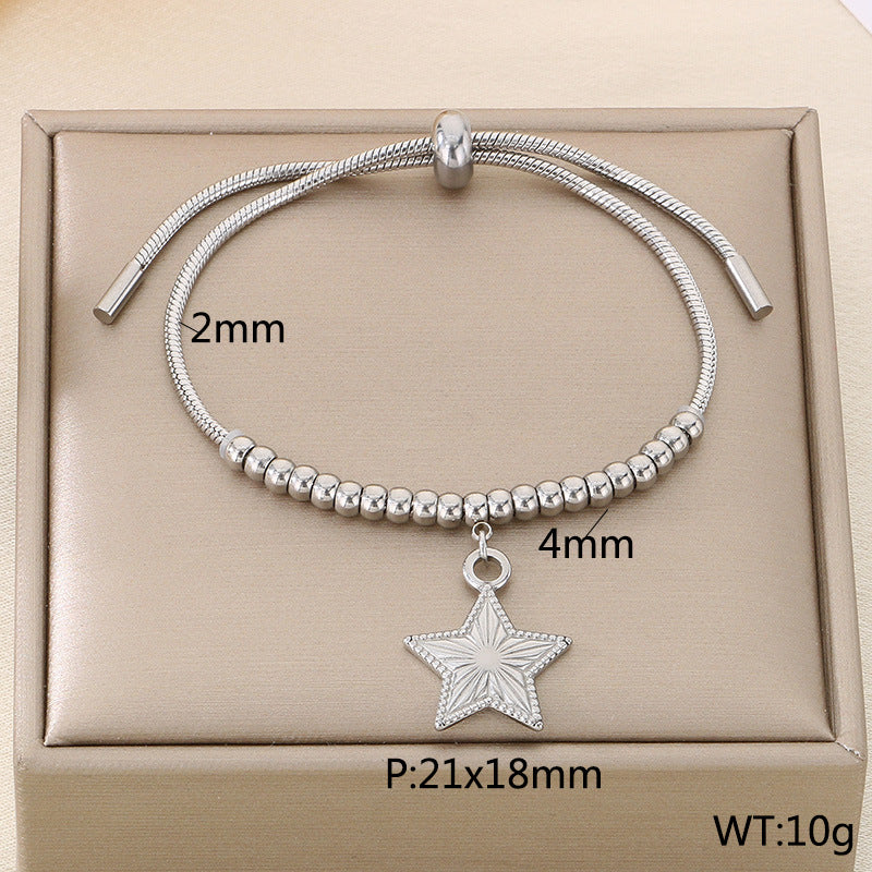 ins Fashion Versatile Pentagram Moon Stainless Steel Pendant Beaded Pulling Rope Adjustable Bracelet Titanium Steel Jewelry