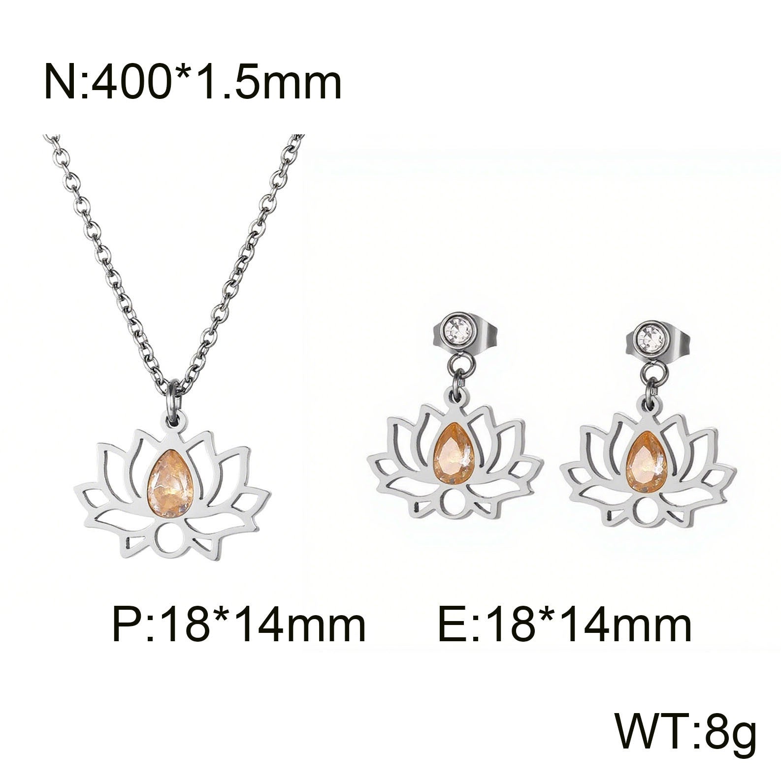 Cross-border new stainless steel zircon lotus set, creative hollow flower water drop stone pendant jewelry three-piece set
