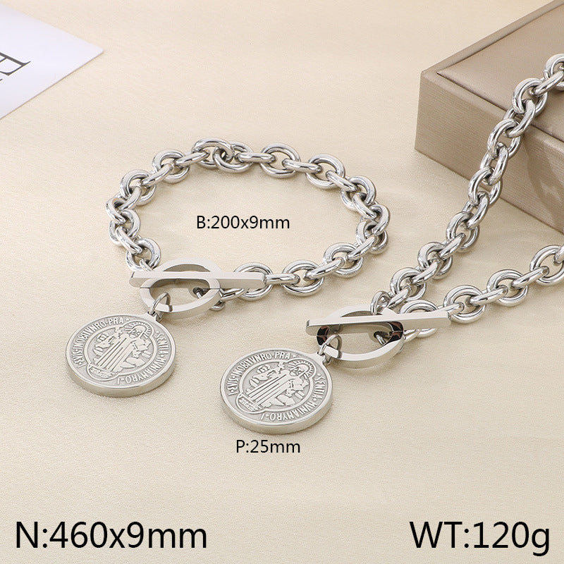 European and American fashion personalized retro portrait tree round brand stainless steel pendant chain high-end temperament set jewelry