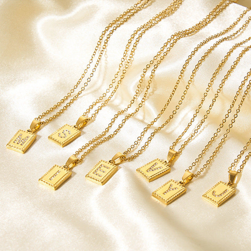 European and American cross-border high-end letter square pendant 18k gold inlaid zirconium letter pendant stainless steel necklace pendant female