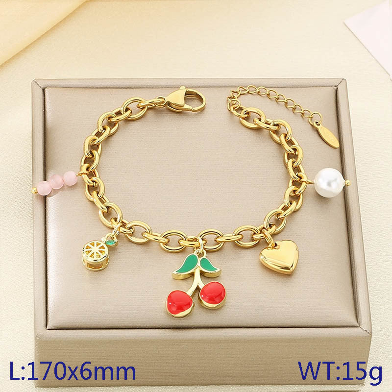 Cross-border fresh pastoral fruit series zircon strawberry durian cherry apple pendant stainless steel chain bracelet