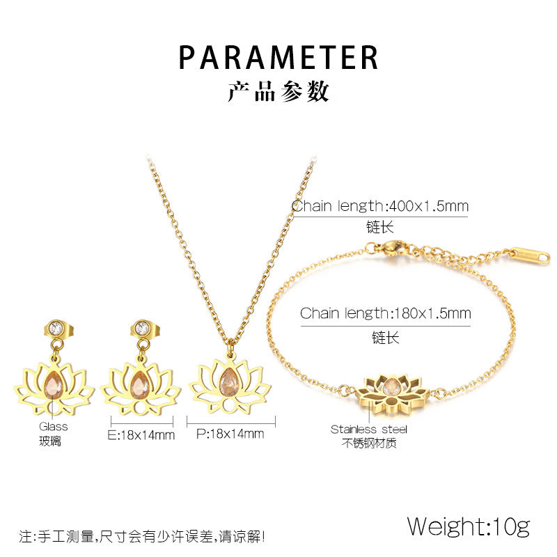 Cross-border new stainless steel zircon lotus set, creative hollow flower water drop stone pendant jewelry three-piece set