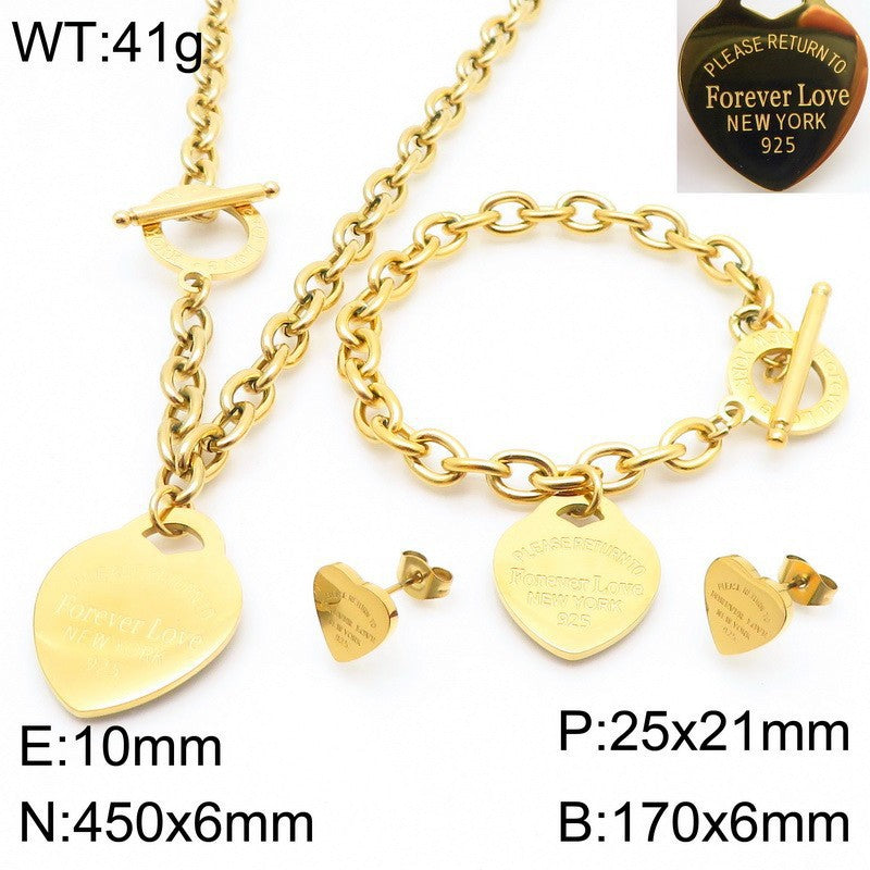 Gold Heart Charm Jewelry Set with Green Enamel Pendant