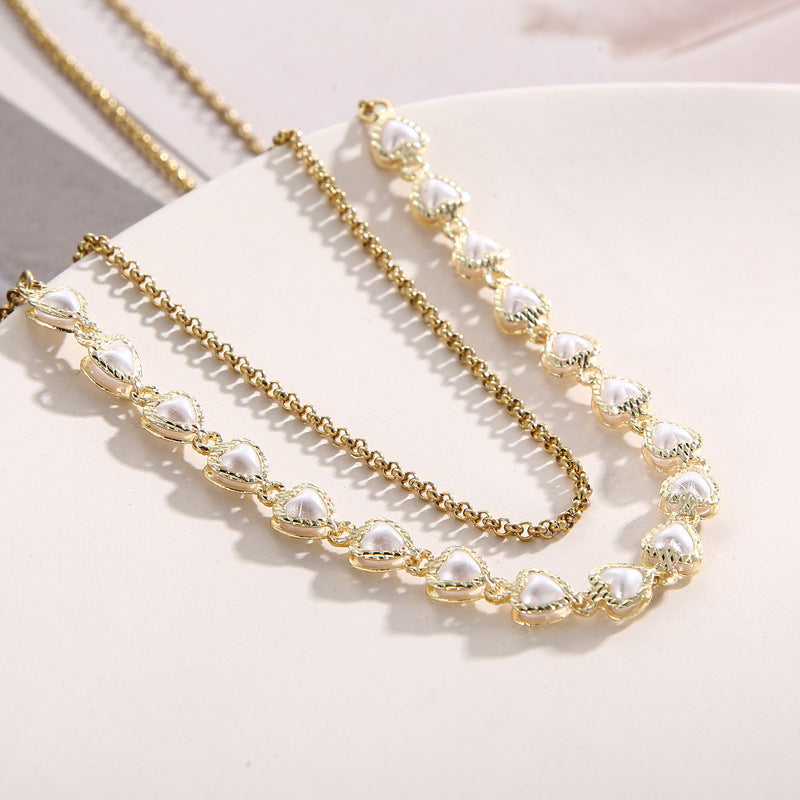 Korean commuter simple love imitation pearl necklace, love fashion double-layer collarbone chain copper chain necklace