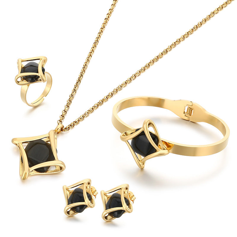 Europe and the United States cross-border new geometric rhombus inlaid stone stainless steel set, high-end light luxury jewelry four-piece set