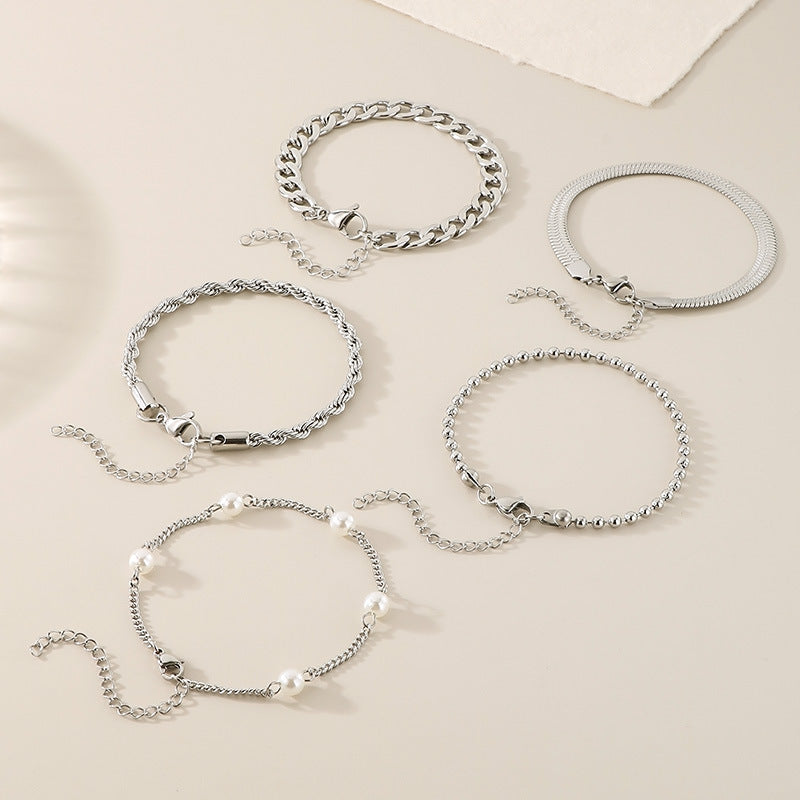 New creative and simple flat pearl flat snake twist chain round bead chain bracelet five-piece stacked bracelet jewelry