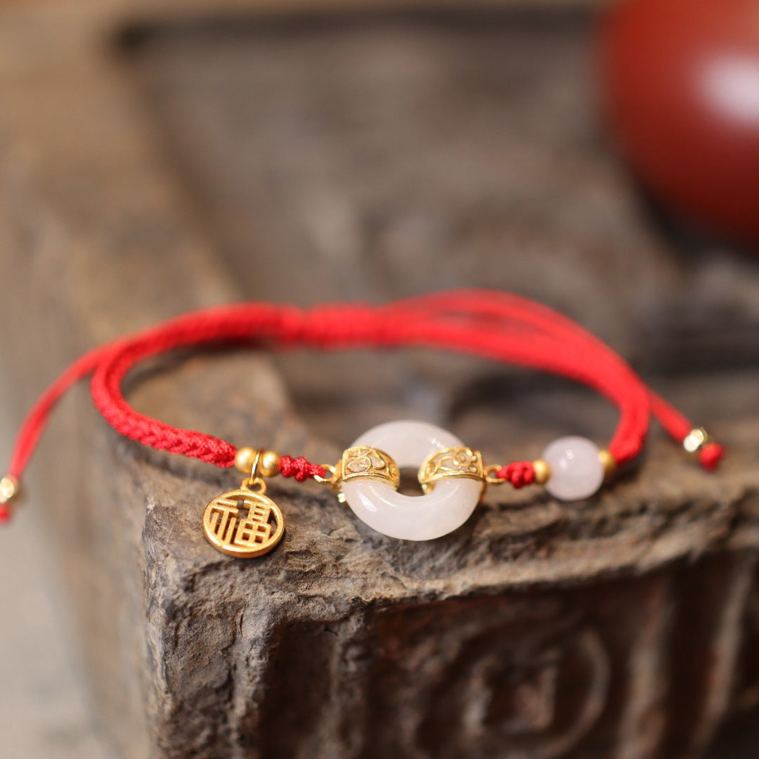 和田玉白玉平安扣马年本命年红绳红色手绳编织绳好运新年手链