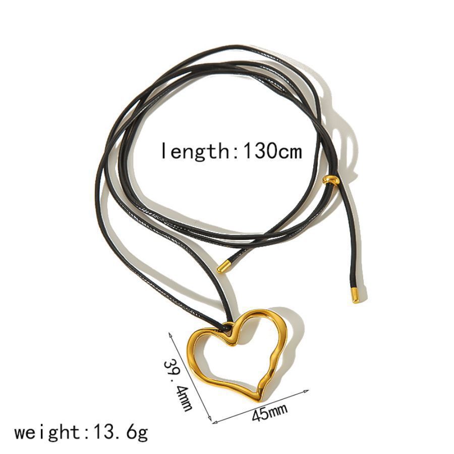 Cross-border European and American personalized retro wax rope sweater chain stainless steel heart-shaped O-shaped pendant long hollow necklace versatile