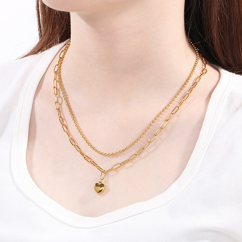 Cold wind personality double-layer stainless steel love necklace temperament versatile peach heart pearl stainless steel collarbone chain