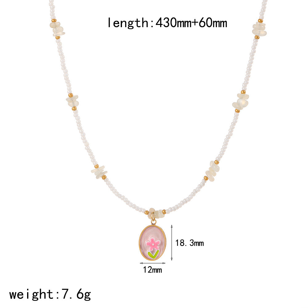 Cross-border colorful Epoxy Stainless Steel Necklace Women's Fashion Versatile Premium Sense Pearl Chain Rose Flower Clavicle Chain