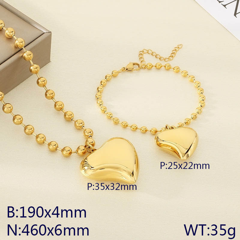 Cross-border fashion stainless steel love pendant jewelry simple titanium steel round bead neck chain bracelet versatile jewelry two-piece set