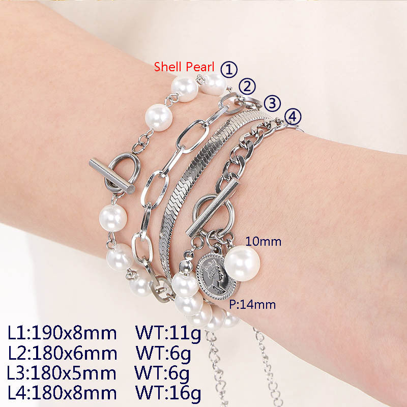 ins Pearl Beaded Flat Snake Chain Bracelet Stainless Steel Multi-layer Stacked Pearl Splicing Chain Premium Titanium Steel Jewelry