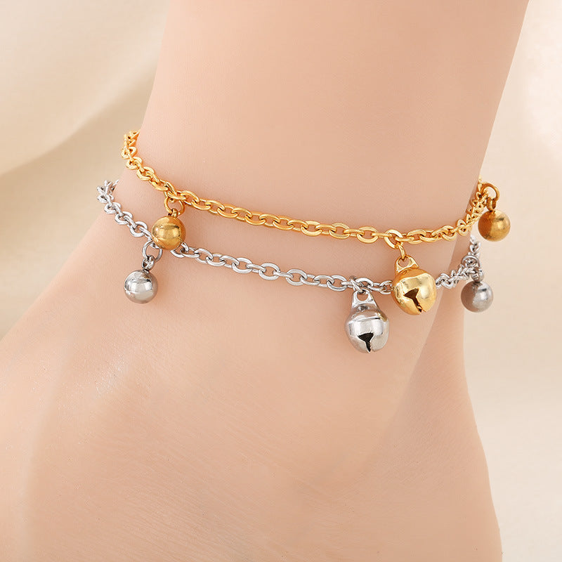 Cold wind ins design bell anklet temperament round bead stainless steel anklet gift for girlfriends and girlfriends
