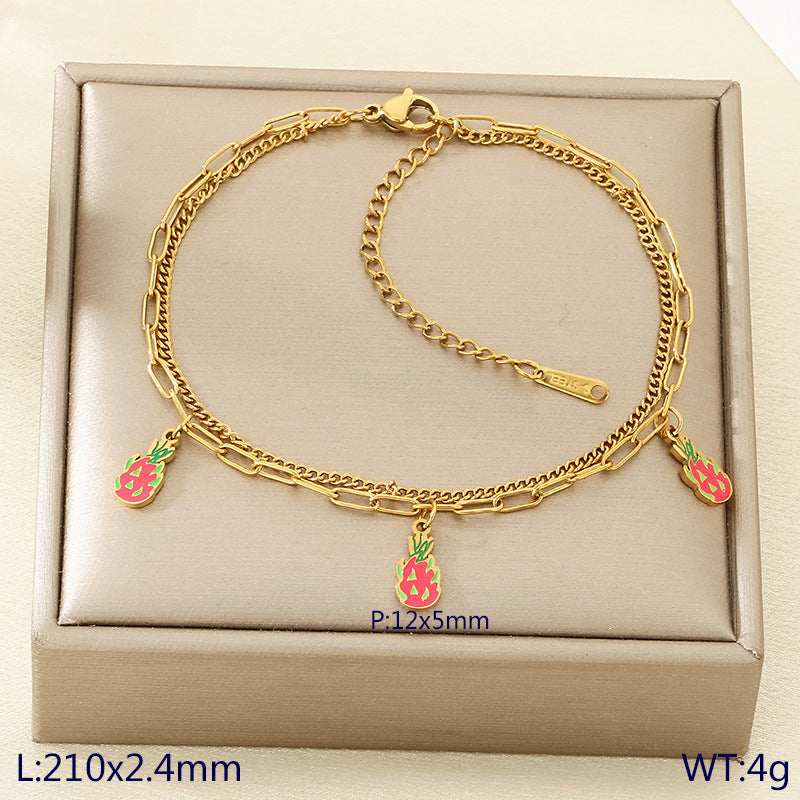New fresh and sweet fruit series cherry strawberry apple dragon fruit pendant stainless steel double layer stacked anklet